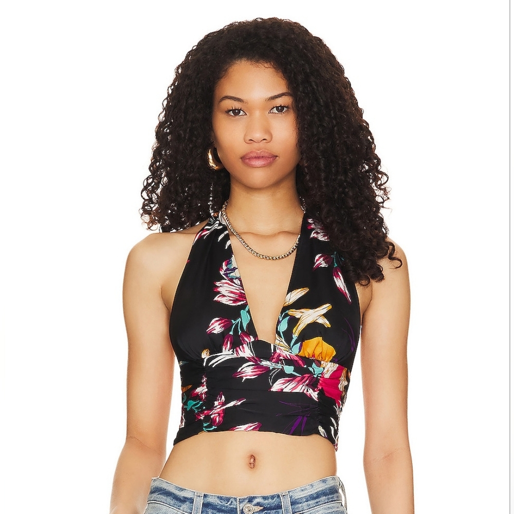 Free People Seraphina Crop Halter Top Black Floral Size Small NWOT - Picture 1 of 9